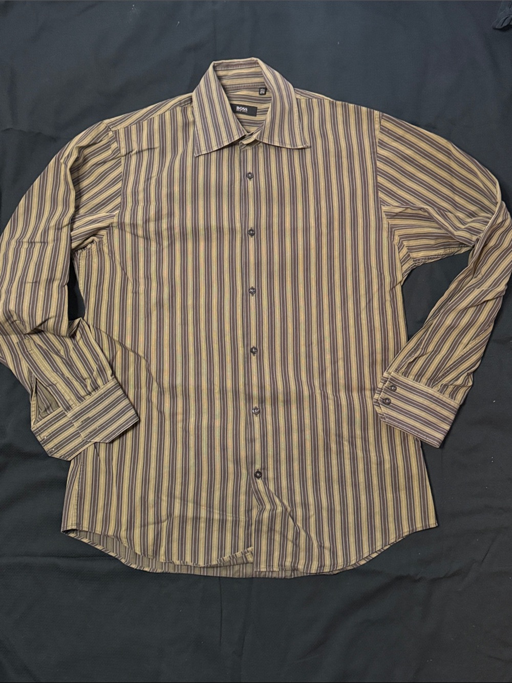 Boss Men's Striped Dress Shirt in Brown and Blue